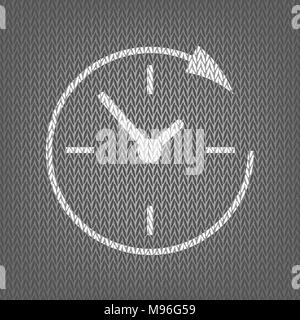 Service and support for customers around the clock and 24 hours. Vector. White knitted icon on gray knitted background. Isolated. Stock Vector