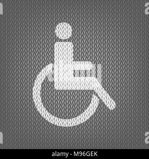 Disabled sign illustration. Vector. White knitted icon on gray knitted background. Isolated. Stock Vector