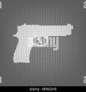 Gun sign illustration. Vector. White knitted icon on gray knitted background. Isolated. Stock Vector