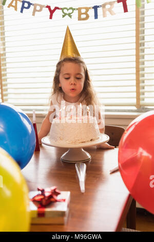 Little girl blowing out the candles on her birthday cake Stock Photo
