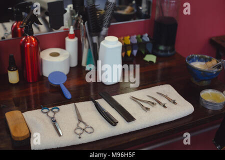 Various barber tools on dressing table Stock Photo