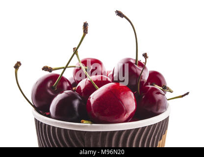 Bowl of fresh red cherries on white background Stock Photo