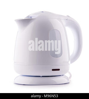 White plastic electric kettle isolated on white. Stock Photo