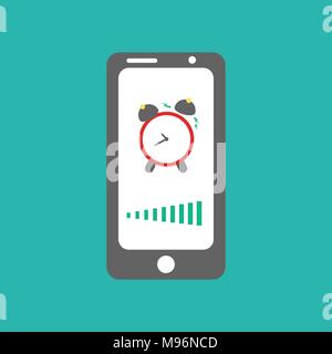 Smart phone alarm clock. Red clock on mobile screen with sound regulation lines. Stock Vector