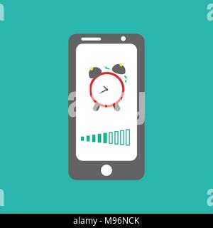 Smart phone alarm clock. Red clock on mobile screen with sound regulation lines. Stock Vector