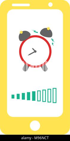 Smart phone alarm clock. Yellow clock on mobile screen with sound regulation lines. Stock Vector