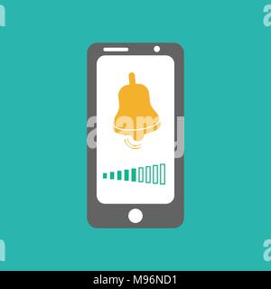 Smart phone alarm clock. Bells on mobile screen with sound regulation lines. Stock Vector