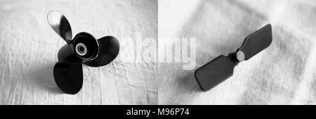 Comparison of the propellers of a boat and RC helicopter on a natural white background Stock Photo