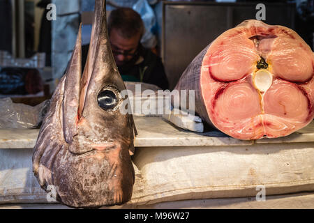 Sword fish, La Pescheria fish market, Catania, Sicily, Italy. Stock Photo