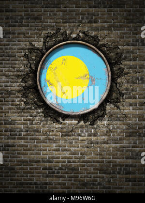 3d rendering of a Palau flag over a rusty metallic plate. Isolated on ...