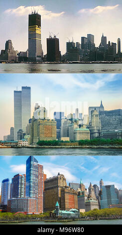 New York historical skyline from 1970 with Twin Towers under construction. New York skyline with World Trade Center in the 1980s, and Lower Manhattan of New York in 2007 without Twin Towers. Stock Photo