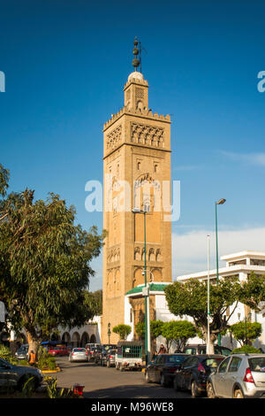 Morocco, Casablanca, Quartier Habous market square, Mosquee Mouley Youssef Mosque minaret Stock Photo