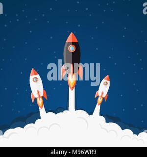 Rocket launching background. Spaceship take-off flat illustration Stock Vector