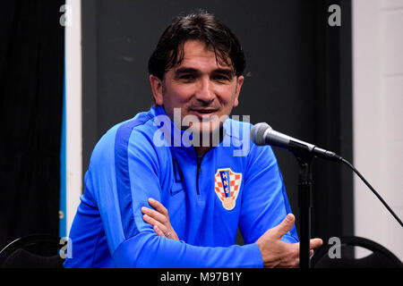 March 22, 2018 - Miami, United States - The coach of the Croatian football team Zlatko Dalic spoke at a press conference for the media about his team and as he sees it, a very united team, prepared to face Peru who is compared to Argentina for its intense, continuous play on the field. Something they are looking to prepare to face the national team of Lio Messi..The Croatia national football team will play a friendly match against Peru on Friday at 23 March at the Hard Rock Cafe Stadium in the city of Miami. (Credit Image: © Fernando Oduber/SOPA Images via ZUMA Wire) Stock Photo