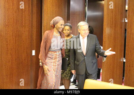 UN, New York, USA. 23rd March, 2018. UN Sec-Gen Antonio Guterres accepts credentials of new African Union representative Fatima Kyari Mohammed. Photo: Matthew Russell Lee / Inner City Press Credit: Matthew Russell Lee/Alamy Live News Stock Photo