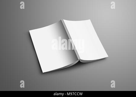 Universal blank opened A4, (A5) catalog with soft realistic shadows isolated on gray. The brochure is turned of the pages to the background and shows  Stock Photo