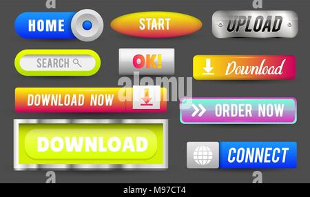 Collection of Web Buttons, Elements Set. Vector Templates, banners and labels, media, ribbons icons for website or app, navigation menu bars. Stock Vector