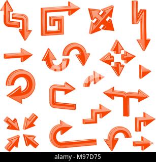 Orange 3d arrows. Set of different shiny web signs Stock Vector