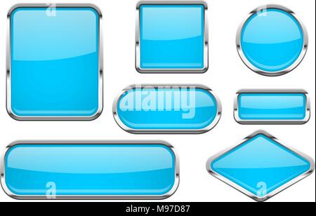 Glass buttons with chrome frame. Set of blue shiny 3d web icons Stock Vector