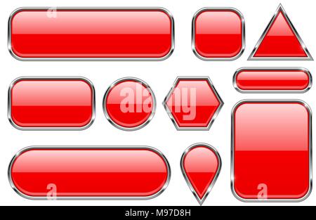 Red glass buttons with chrome frame. Geometric shaped 3d icons set Stock Vector