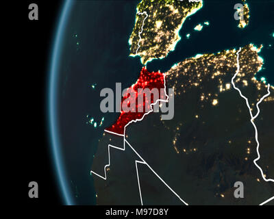 Orbit view of Morocco highlighted in red with visible borderlines and city lights on planet Earth at night. 3D illustration. Elements of this image fu Stock Photo