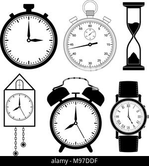 Clock icons set. Black flat collection of different clocks Stock Vector