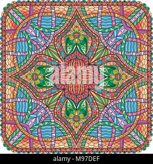 Mandala like square shaped decoration. Colored oriental flower pattern Stock Vector