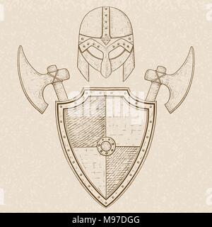 Viking warrior set - shield, swords and helmet. Hand drawn sketch on beige background Stock Vector