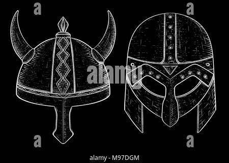 Viking helmets. Hand drawn sketch Stock Vector