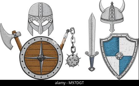 Viking armor set - helmets, shields and sword, axe. Colored hand drawn sketch Stock Vector