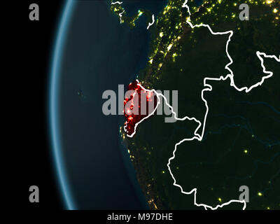 Orbit view of Ecuador highlighted in red with visible borderlines and city lights on planet Earth at night. 3D illustration. Elements of this image fu Stock Photo