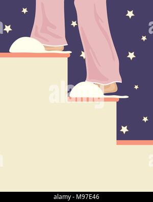 an illustration of someone in pink pyjamas walking up stairs to bed with warm slippers on a starry background Stock Vector