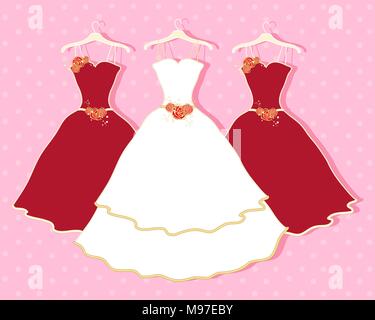 an illustration of a white wedding dress and two red bridesmaid dresses with god and red flower decoration on a pink background Stock Vector