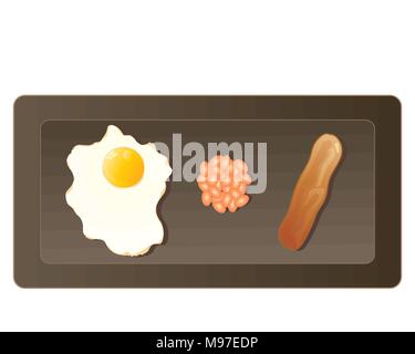 a vector illustration in eps 10 format of a small breakfast including fried egg a spoonful of baked beans and a sausage on a dark plate Stock Vector