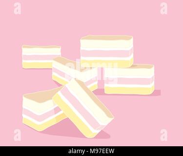 a vector illustration in eps format of slices of angel cake in pink yellow and white layers with butter cream on a pink background Stock Vector