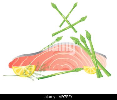 a vector illustration in eps 10 format of a salmon steak with fresh green asparagus spears lemon slices and dill on a white background Stock Vector