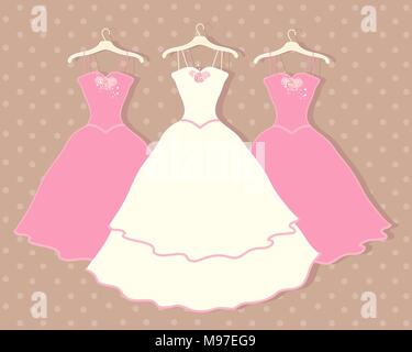 a vector illustration in eps format of a wedding dress on a hanger with two pink bridesmaid dresses behind on a brown spotty background Stock Vector