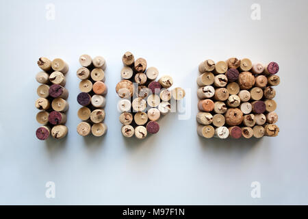 Wine corks pause, play and stop button shapes isolated on white background from a high angle view Stock Photo