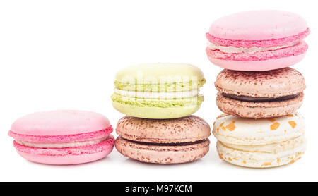 Colorful and tasty French cookies Macarons, isolated on white background, sweet and colorful dessert, tower. Stock Photo
