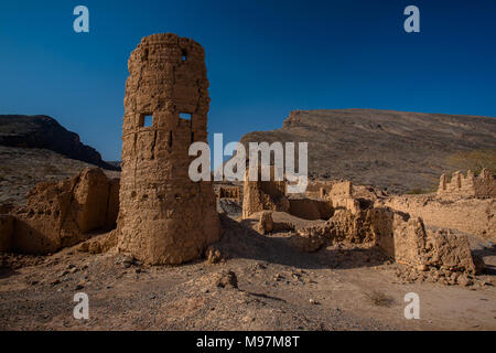 A tower in the ruins of Tanuf, a town destroyed by the RAF in a rebel uprising in the 50s, Oman Stock Photo