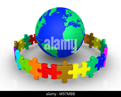 Different colored puzzle pieces connected around globe Stock Photo