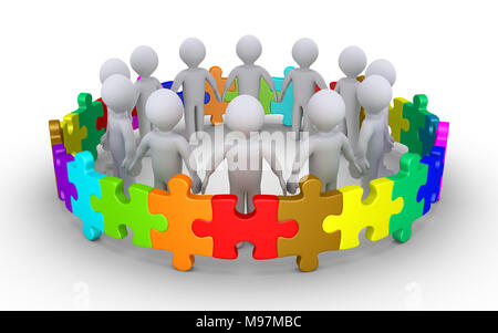 Different colored puzzle pieces connected around people Stock Photo