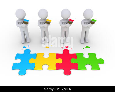 3d people as painters and different colored puzzle pieces connected Stock Photo
