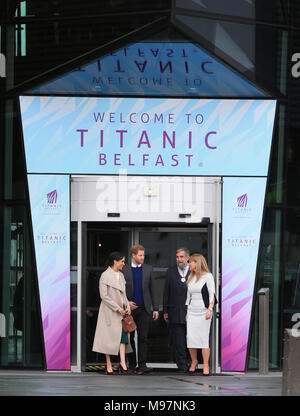 Prince Harry and Meghan Markle (left) during a visit to the Titanic Belfast maritime museum in Belfast. Stock Photo