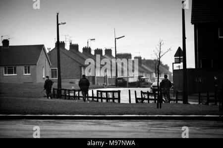 Newry RUC Corry Square police Station in Catherine Street  attacked by the Provisional IRA using homemade Mortar Bomb. Nine RUC officers, seven men and two women. 28 Feb 1985 These photographs were taken the day after the attack and at the funerals some days later. Wikipedia below: On 28 February 1985, the Provisional Irish Republican Army (IRA) launched a heavy mortar attack on the Royal Ulster Constabulary (RUC) base at Corry Square in Newry, Northern Ireland. The attack killed nine RUC officers and injured almost 40 others; the highest death toll ever suffered by the RUC.The attack was join Stock Photo