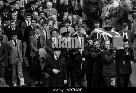 Newry RUC Corry Square police Station in Catherine Street  attacked by the Provisional IRA using homemade Mortar Bomb. Nine RUC officers, seven men and two women. 28 Feb 1985 These photographs were taken the day after the attack and at the funerals some days later. Wikipedia below: On 28 February 1985, the Provisional Irish Republican Army (IRA) launched a heavy mortar attack on the Royal Ulster Constabulary (RUC) base at Corry Square in Newry, Northern Ireland. The attack killed nine RUC officers and injured almost 40 others; the highest death toll ever suffered by the RUC.The attack was join Stock Photo