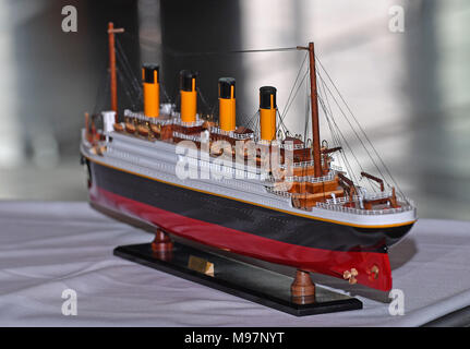 A model of the Titanic presented to Prince Harry and Meghan Markle during their visit to Titanic Belfast maritime museum in Belfast. Stock Photo