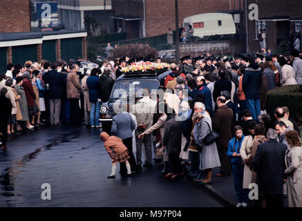 Newry RUC Corry Square police Station in Catherine Street  attacked by the Provisional IRA using homemade Mortar Bomb. Nine RUC officers, seven men and two women. 28 Feb 1985 These photographs were taken the day after the attack and at the funerals some days later. Wikipedia below: On 28 February 1985, the Provisional Irish Republican Army (IRA) launched a heavy mortar attack on the Royal Ulster Constabulary (RUC) base at Corry Square in Newry, Northern Ireland. The attack killed nine RUC officers and injured almost 40 others; the highest death toll ever suffered by the RUC.The attack was join Stock Photo