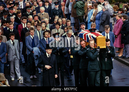 Newry RUC Corry Square police Station in Catherine Street  attacked by the Provisional IRA using homemade Mortar Bomb. Nine RUC officers, seven men and two women. 28 Feb 1985 These photographs were taken the day after the attack and at the funerals some days later. Wikipedia below: On 28 February 1985, the Provisional Irish Republican Army (IRA) launched a heavy mortar attack on the Royal Ulster Constabulary (RUC) base at Corry Square in Newry, Northern Ireland. The attack killed nine RUC officers and injured almost 40 others; the highest death toll ever suffered by the RUC.The attack was join Stock Photo