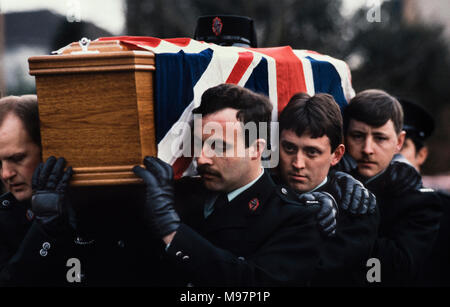 Newry RUC Corry Square police Station in Catherine Street  attacked by the Provisional IRA using homemade Mortar Bomb. Nine RUC officers, seven men and two women. 28 Feb 1985 These photographs were taken the day after the attack and at the funerals some days later. Wikipedia below: On 28 February 1985, the Provisional Irish Republican Army (IRA) launched a heavy mortar attack on the Royal Ulster Constabulary (RUC) base at Corry Square in Newry, Northern Ireland. The attack killed nine RUC officers and injured almost 40 others; the highest death toll ever suffered by the RUC.The attack was join Stock Photo